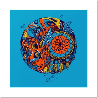 Orange Blue Skull and Dreamcatcher Circle Posters and Art